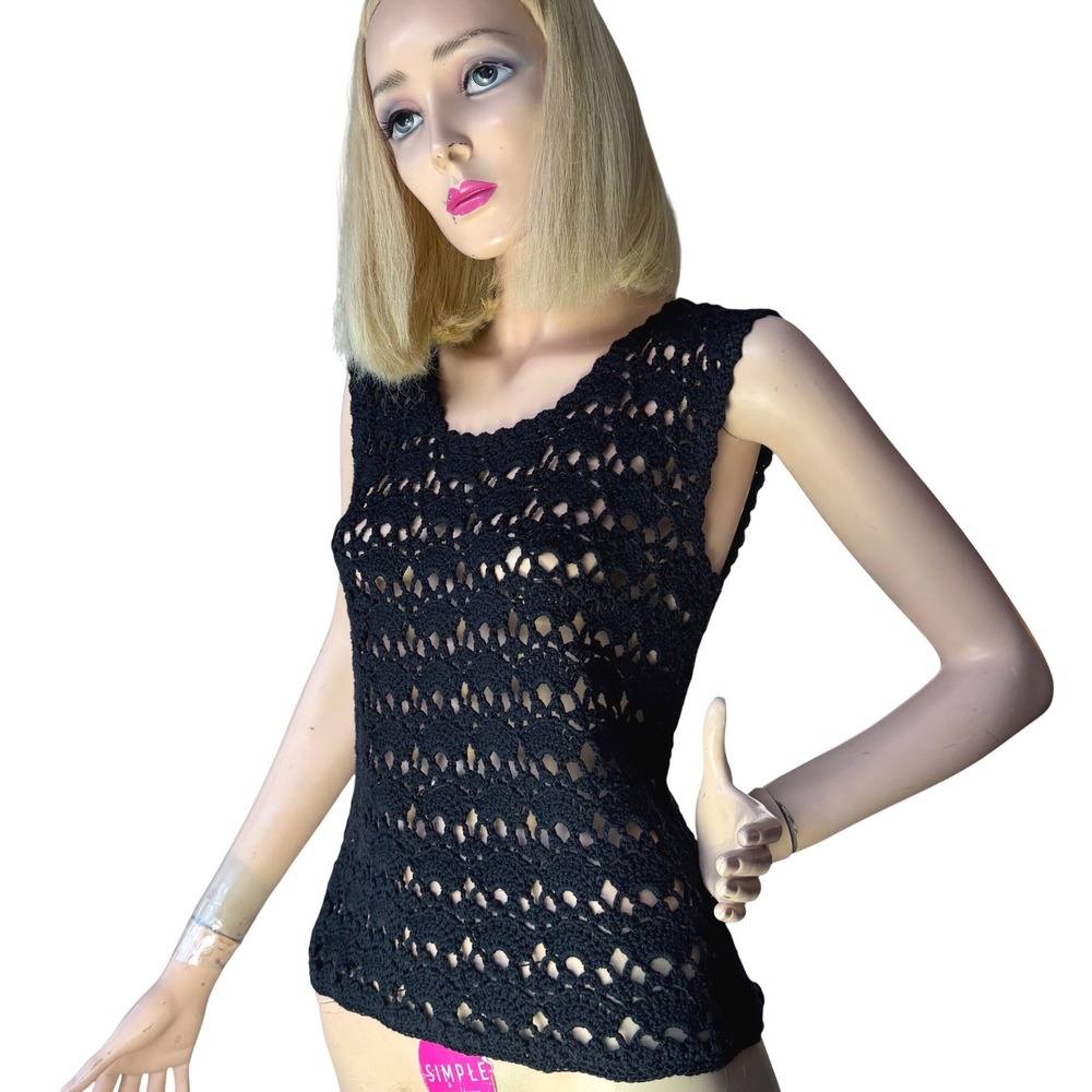 Vintage Black Crochet Tank Top Open Knit  Boho Festival Grunge whimsigoth Medium